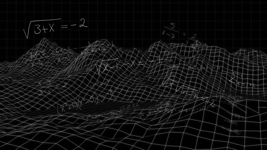 3D wireframe terrain drifting in digital void, with floating chalk-style math formulas. Virtualization, data visualization, futuristic, minimalist, technology, analytics, digital art