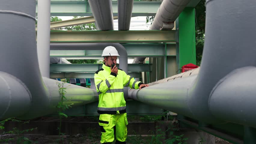 Oil and gas refinery technicians conducting coastal pipeline inspection collaboratively, verifying adherence to safety standards and operational protocols.