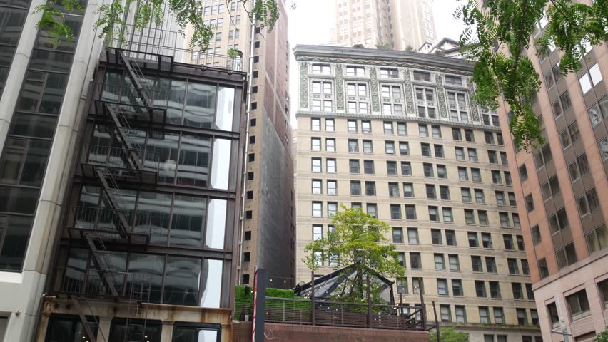 New York City Lower Manhattan, Downtown Financial District architecture, United States. High-rise skyscrapers, residential and office buildings, USA. Water street, American real estate or realty.