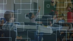 Firefighter instructor teaching fire safety in education scene, displaying animated overlay panels. Training, education, safety, community, classroom, awareness, instructional - Powered by Shutterstock - Get 15% off with code: PIKWIZARD15