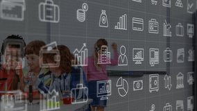 Four children conducting experiment in science lab, showing microscope and floating currency icons. Education, innovation, discovery, technology, learning, collaboration, stem - Powered by Shutterstock - Get 15% off with code: PIKWIZARD15