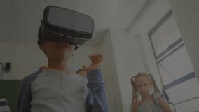 Group of children watching boy wearing VR headset exploring STEM learning with hologram data charts. Technology, innovation, education, collaboration, futuristic, youth, digital - Powered by Shutterstock - Get 15% off with code: PIKWIZARD15