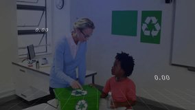 Teacher presenting recycling bin lesson with digital graphs and students holding plastic bottles. Educational, environmental, technological, interactive, colorful, sustainable, classroom - Powered by Shutterstock - Get 15% off with code: PIKWIZARD15