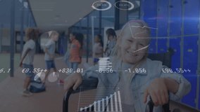 school girl using wheelchair facing camera in corridor, with animated charts and backpack icons. Disability, inclusivity, diversity, education, empowerment, optimism, school - Powered by Shutterstock - Get 15% off with code: PIKWIZARD15