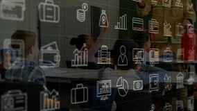 Firefighter instructor pointing fire extinguisher in classroom, showing floating business icons. Educational, training, digital, safety, modern, interactive, learning - Powered by Shutterstock - Get 15% off with code: PIKWIZARD15