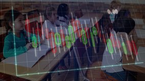 Students writing notes in classroom, overlaying financial candlestick chart for education theme. Children, literacy, education, academic, learning, classroom, development - Powered by Shutterstock - Get 15% off with code: PIKWIZARD15