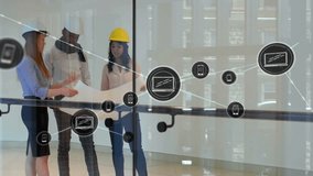 Three professionals reviewing project blueprint behind glass, displaying digital connectivity icons. Collaboration, innovation, modern, teamwork, technology, architecture, urban - Powered by Shutterstock - Get 15% off with code: PIKWIZARD15