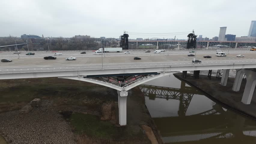 Cleveland Ohio Downtown City Skyline Cloudy Spring Fall Winter Drone Aerial 4K