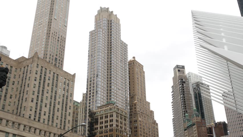 New York City Lower Manhattan, Downtown Financial District architecture, United States. High-rise skyscrapers, residential and office buildings, USA. American urban street, real estate, realty in NYC.