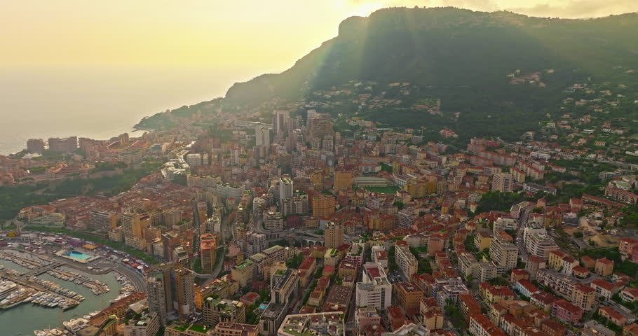 Aerial view of famous a small country Monaco on Mediterranean Sea, modern high-rise buildings, Monte Carlo, Monaco