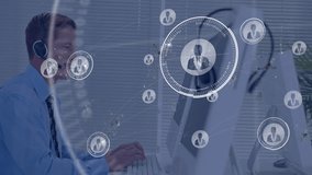 Headset-wearing agent typing on keyboard in tech office, with floating avatars and binary code. Professional, digital, futuristic, innovation, workspace, connectivity, technology - Powered by Shutterstock - Get 15% off with code: PIKWIZARD15