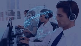 Customer service team typing in call center, supervisor leaning over desk with data globe. Collaboration, teamwork, technology, modernity, communication, professionalism, analytics - Powered by Shutterstock - Get 15% off with code: PIKWIZARD15