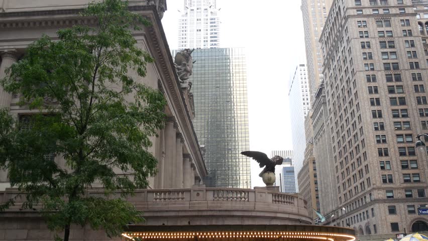 New York City Grand Central Terminal railway station building architecture, 42 street. Manhattan Midtown, Pershing Square, NYC, USA. Urban America. Cast iron eagle statue sculpture, United States.