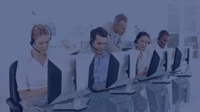 Call center agents collaborating at computer desks, showcasing futuristic digital clock overlay. Office, teamwork, technology, professional, collaboration, modern, corporate - Powered by Shutterstock - Get 15% off with code: PIKWIZARD15