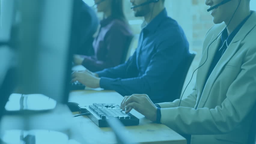 Call center agents speaking into headsets typing on keyboards, displaying animated network overlay. Collaboration, connectivity, technology, communication, network, teamwork, office - Powered by Shutterstock - Get 15% off with code: PIKWIZARD15