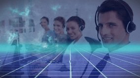 Call center agents using headsets at workstations, overlaying neon gridlines and waveform graphics. Technology, collaboration, innovation, communication, digital, workplace, professionalism - Powered by Shutterstock - Get 15% off with code: PIKWIZARD15