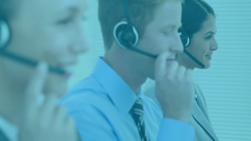 Call center agents handling customer calls in tech industry, showing digital globe, phone icons. Communication, teamwork, technology, digital, support, innovation, professionalism