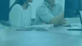 Customer support agents sitting side by side, interacting with digital globe overlay in call center. Collaborative, technology, professionalism, communication, innovation, analytics, team - Powered by Shutterstock - Get 15% off with code: PIKWIZARD15