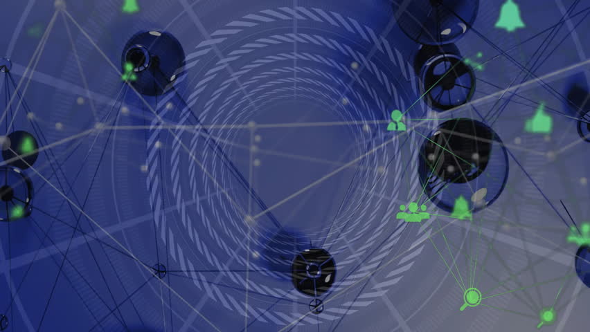 Glossy black spheres circling 3D network vortex, showing neon-green user icons and glowing nodes. Futuristic, technology, connectivity, cyber, digital, abstract, virtual - Powered by Shutterstock - Get 15% off with code: PIKWIZARD15