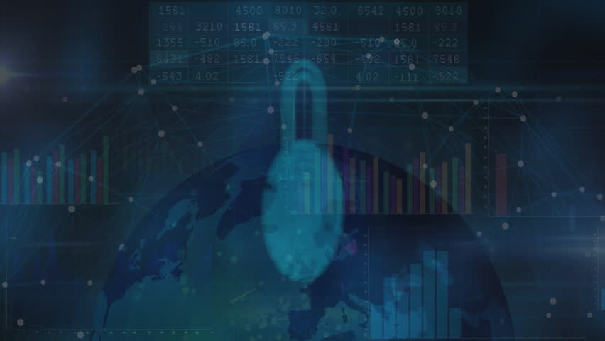 Digital fingerprint padlock hologram glowing over world map, displaying nodes and data charts. Cybersecurity, data protection, digital interface, global network, abstract technology, information - Powered by Shutterstock - Get 15% off with code: PIKWIZARD15