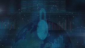 Digital fingerprint padlock hologram glowing over world map, displaying nodes and data charts. Cybersecurity, data protection, digital interface, global network, abstract technology, information - Powered by Shutterstock - Get 15% off with code: PIKWIZARD15