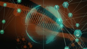 Teal particle globe spinning at center, highlighting orange DNA ribbon and networked medical icons. Futuristic, technological, biotech, digital, healthcare, interface, data visualization - Powered by Shutterstock - Get 15% off with code: PIKWIZARD15