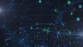 Dark blue mesh showing floating alphanumeric code snippets connecting green hexagon ecommerce icons. Digital, technology, futuristic, network, cyber, innovation, data - Powered by Shutterstock - Get 15% off with code: PIKWIZARD15