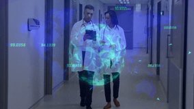 Doctors walking side by side while viewing smartphone, holographic globe floating health metrics. Medical, technology, innovation, healthcare, visualization, professional, communication - Powered by Shutterstock - Get 15% off with code: PIKWIZARD15