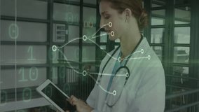 female doctor standing on glass walkway interacting with tablet, displaying medical data overlay. Medical, technology, innovation, professional, futuristic, analytics, healthcare - Powered by Shutterstock - Get 15% off with code: PIKWIZARD15