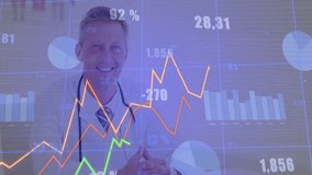 male doctor wearing stethoscope facing camera, with animated health data charts overlaying. Medical, data visualization, analytics, healthcare, technology, professionalism, innovation - Powered by Shutterstock - Get 15% off with code: PIKWIZARD15