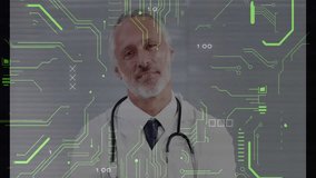 Male doctor standing in studio, showcasing health interface with floating codes and stethoscope. Medical, healthcare, professional, telemedicine, technology, innovation, diagnostics - Powered by Shutterstock - Get 15% off with code: PIKWIZARD15