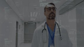 mature male doctor standing in hospital hallway featuring animated code overlay medical data. Medical, healthcare, technology, professional, diagnostic, modern, clinical - Powered by Shutterstock - Get 15% off with code: PIKWIZARD15
