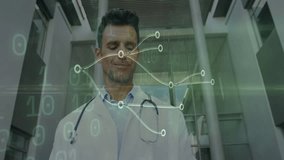 Doctor holding tablet with stethoscope in medical lobby, scanning streaming binary code overlay. Medical, healthcare, innovation, technology, professional, futuristic, diagnosis - Powered by Shutterstock - Get 15% off with code: PIKWIZARD15