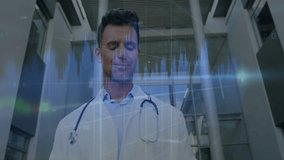 Doctor analyzing health analytics data in modern atrium, displaying holographic candlestick charts. Medical, analytics, futuristic, technology, healthcare, innovation, data - Powered by Shutterstock - Get 15% off with code: PIKWIZARD15