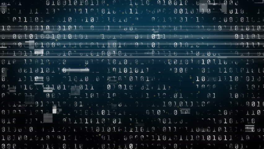 Binary digits floating across dark gradient in flat design showing glitch lines and noise artifacts. Futuristic, cyber, digital, abstract, technology, data, code