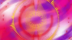 Concentric waveform bars pulsating around yellow ring, forming animated display on purple gradient. Abstract, digital art, motion graphics, data visualization, vibrant, futuristic, multimedia - Powered by Shutterstock - Get 15% off with code: PIKWIZARD15