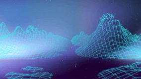 Wireframe grid terrain rising into neon peaks and receding under glowing vertical light beams. Futuristic, abstract, digital, geometric, cosmic, vibrant, immersive - Powered by Shutterstock - Get 15% off with code: PIKWIZARD15