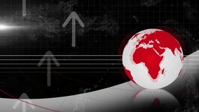 Spinning white globe showing red continents on glossy platform, with rising data lines and arrows. Futuristic, digital, abstract, data visualization, technology, innovation, globe - Powered by Shutterstock - Get 15% off with code: PIKWIZARD15