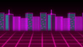 Stylized neon city skyline pulsing above receding grid floor, in retro-futuristic digital landscape. Futuristic, cyberpunk, digital, vibrant, abstract, sci-fi, neon - Powered by Shutterstock - Get 15% off with code: PIKWIZARD15