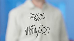 Corporate professional symbolizing diplomatic partnership through handshake icon representing usa and european union economic collaboration on transparent surface - Powered by Shutterstock - Get 15% off with code: PIKWIZARD15