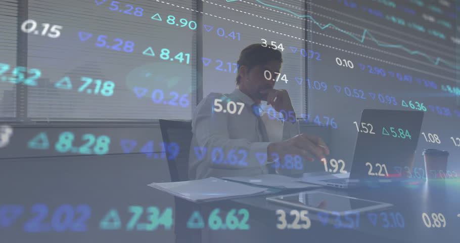 Financial analyst reviewing reports at desk, showing floating stock graphs and percent ticks. Business, finance, analytics, technology, strategy, professionalism, digital