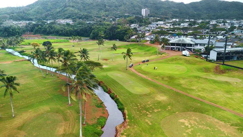 Big green golf field with a river across it and palm trees on. Few men play game and walk to the golf cars. Aerial view.