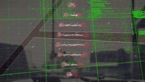 Holographic AR interface floating over blurred desk scene, showing green grid code and red waveform. Futuristic, technology, innovation, digital, interface, cyber, workspace - Powered by Shutterstock - Get 15% off with code: PIKWIZARD15