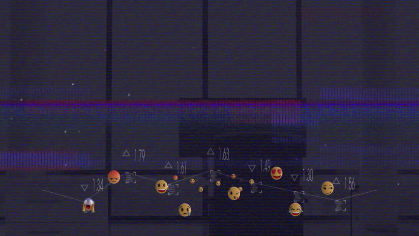 Displaying sentiment line chart glitching over glitchy interface, showing emoji and delta markers. Dashboard, data visualization, digital interface, analytics, technology, emotional intelligence, user - Powered by Shutterstock - Get 15% off with code: PIKWIZARD15