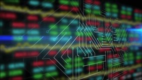 Glowing turquoise gear icon animating in finance graph with circuit nodes and candlestick chart. Technology, innovation, cybersecurity, data analysis, digital interface, futuristic, automation - Powered by Shutterstock - Get 15% off with code: PIKWIZARD15