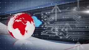 3D globe resting on reflective interface, displaying circuit traces with tech icons and timestamps. Virtual, futuristic, data, connectivity, cyber, digital, innovation - Powered by Shutterstock - Get 15% off with code: PIKWIZARD15