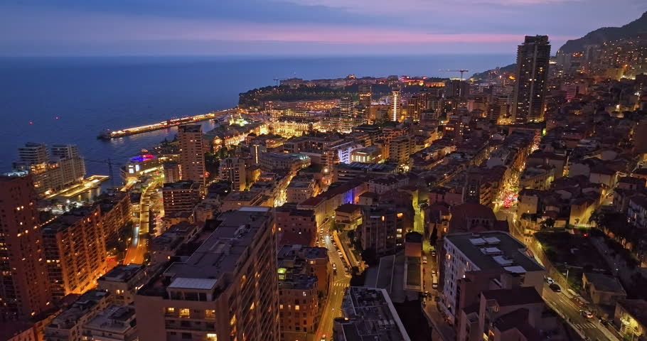 Aerial view of city centre of Monaco with night lights. France 