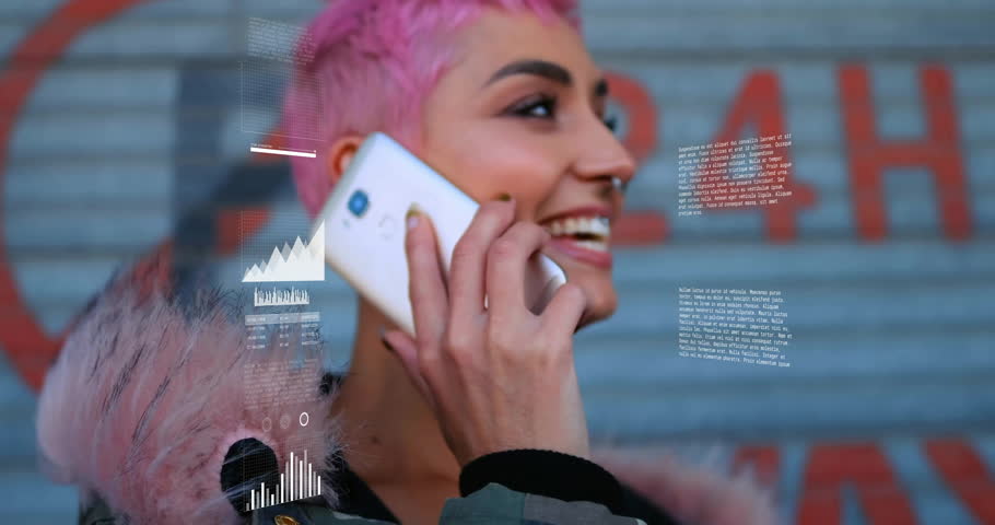Woman speaking on smartphone at urban street, overlaying holographic data charts in finance tech. Futuristic, technology, streetwear, data visualization, urban, lifestyle, innovation