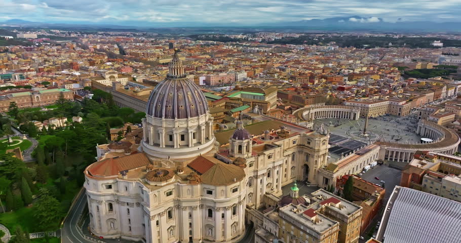 Aerial view of St. Peter's Basilica in Vatican City. Papal Basilica of Saint Peter. Rome, Italy