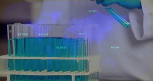 Lab technician gloved hand holding pipette above test tubes, overlay showing global data points. Science, research, biotechnology, precision, data, innovation, analysis - Powered by Shutterstock - Get 15% off with code: PIKWIZARD15